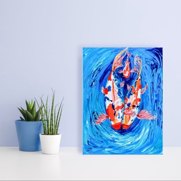 Painting of 3 Koi Fish Original Art Acrylic Painting Canvas Pisces Artwork Wall - Picture 2 of 11